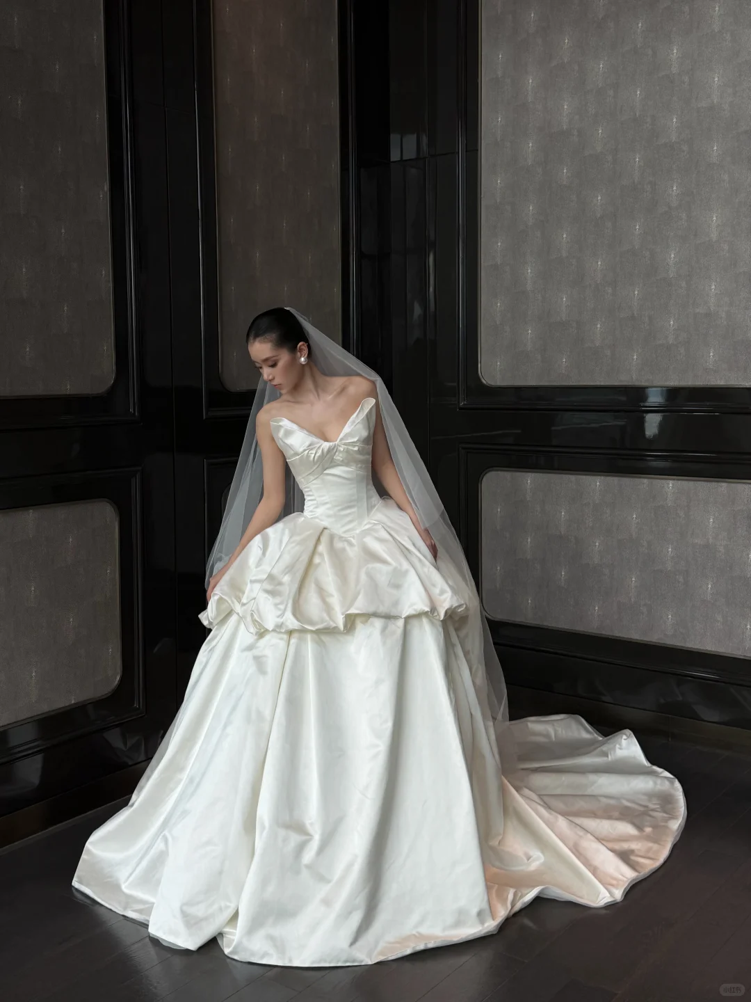 Princess Ball Gown Strapless Ivory Pleated Satin Long Train Wedding Dress SH7722