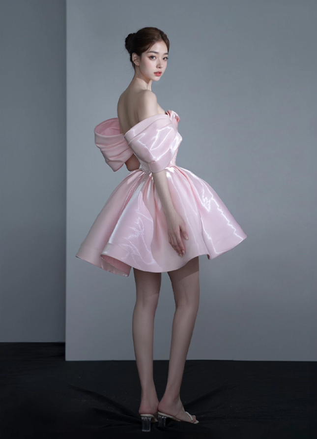 Stunning A Line Off the Shoulder Pink Satin Short Homecoming Dress Birthday Dress SH4156