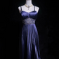 Retro A Line Spaghetti Strap Pleated Beaded Purple Satin Prom Dress Evening Dress SH3327
