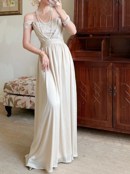 Pretty A Line Spaghetti Straps Beaded Satin Long Prom Dress Evening Dress SH6053