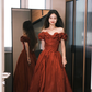 Romantic Burgundy A Line Off the Shoulder Pleated Satin Evening Dress Party Dress SH3479