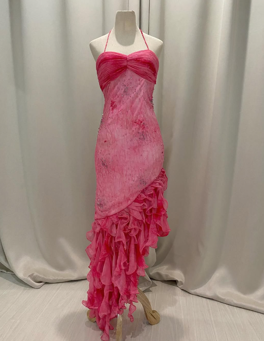 Vintage Pink Sheath Halter Beaded Ruffle Chiffon Evening Dress Outfits SH1994