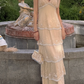 Gentle Apricot A Line V Neck Exquisite Beaded Layered Chiffon Prom Dress Wedding Guest Dress SH5436
