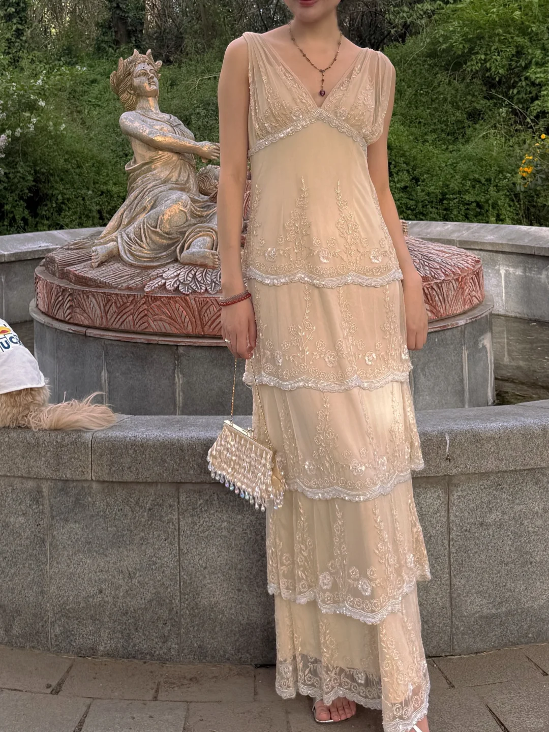 Gentle Apricot A Line V Neck Exquisite Beaded Layered Chiffon Prom Dress Wedding Guest Dress SH5436
