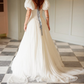 Cute A Line Puff Sleeve Pleated White Tulle Long Wedding Dress SH8257