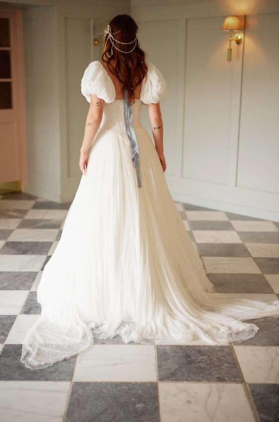 Cute A Line Puff Sleeve Pleated White Tulle Long Wedding Dress SH8257