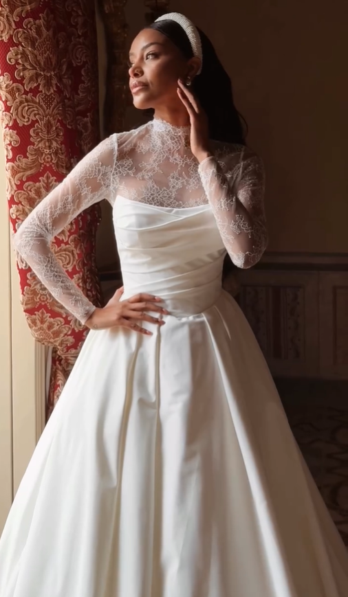 Elegant A Line High Neck Long Sleeve White Lace Satin Wedding Dress SH6022