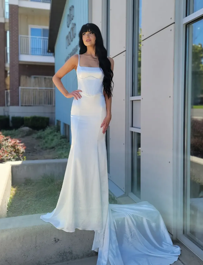 White High-class Mermaid Spaghetti Strap Satin Long Train Wedding Dress SH7121