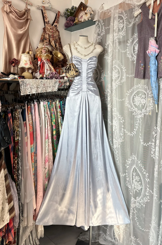 Grey Vintage A Line Sweetheart Neck Pleated Satin Graduation Prom Dress SH5372