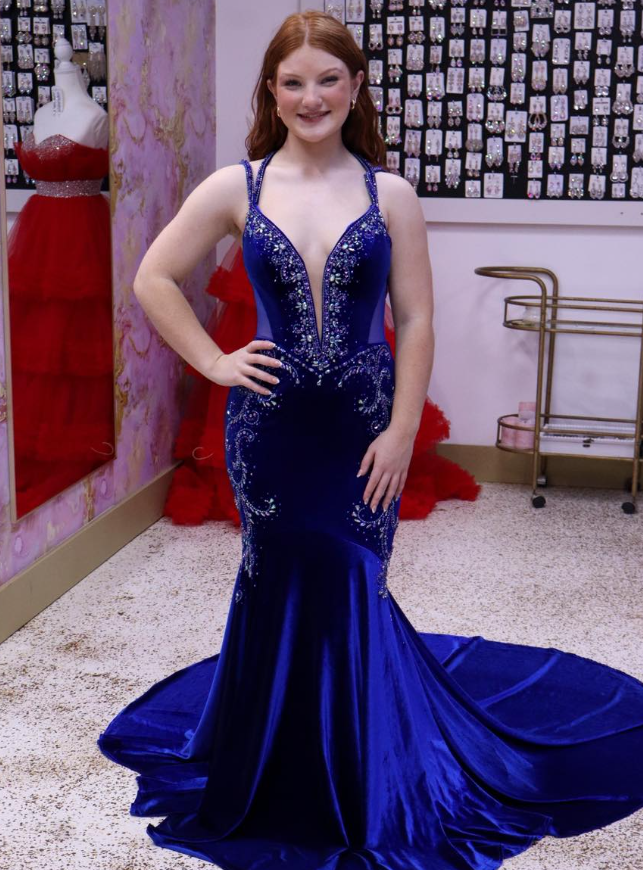 Elegant Dark Blue Mermaid Straps Beaded Velvet Long Prom Dress Evening Dress SH6818