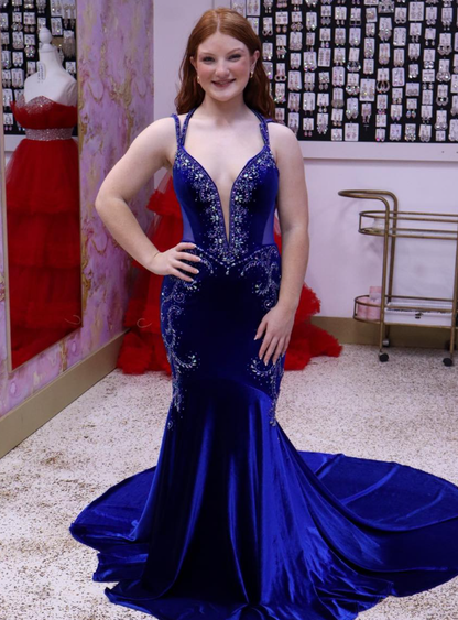 Elegant Dark Blue Mermaid Straps Beaded Velvet Long Prom Dress Evening Dress SH6818