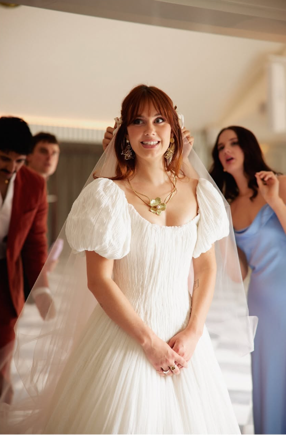 Cute A Line Puff Sleeve Pleated White Tulle Long Wedding Dress SH8257