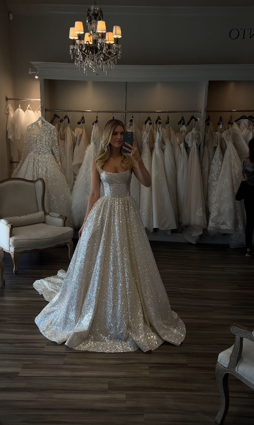 Shiny Ball Gown Straps Silver Sequin Long Prom Dress Wedding Dress SH8384