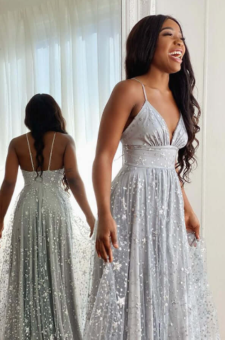 Spaghetti Long A-line Silver Sequin Tulle Prom Dresses, Side Slit Prom Dresses SH393