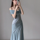 Unique Blue Mermaid Off the Shoulder Chiffon Satin Long Prom Dress Evening Dress SH7703