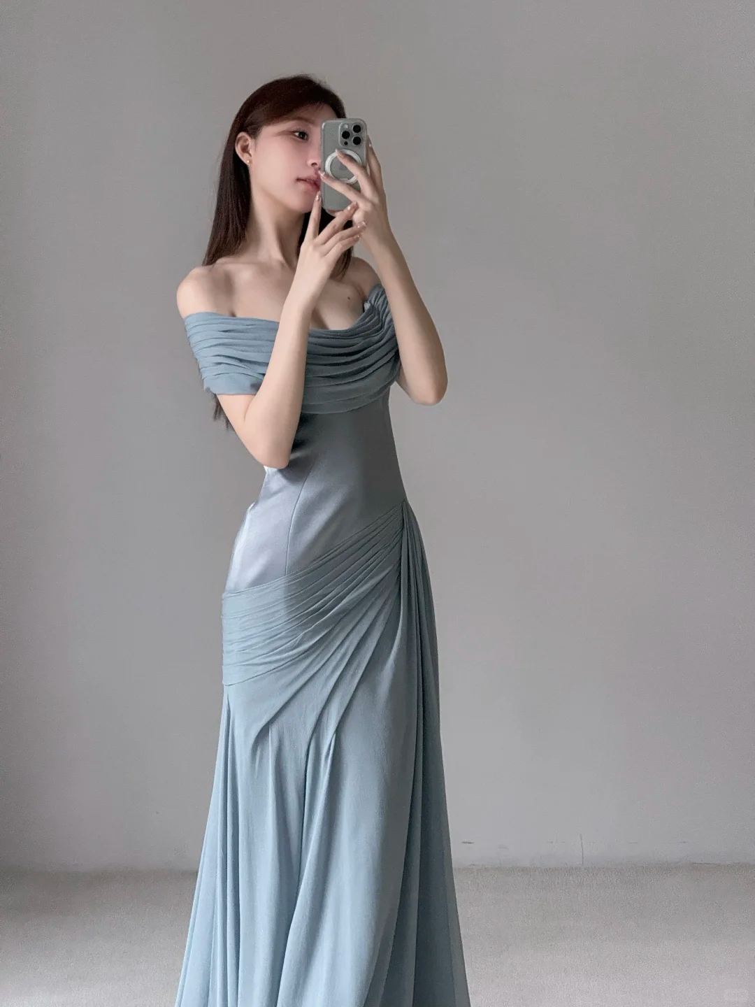 Unique Blue Mermaid Off the Shoulder Chiffon Satin Long Prom Dress Evening Dress SH7703