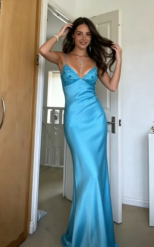 Blue Backless Mermaid Satin Long Evening Prom Dress SH1527
