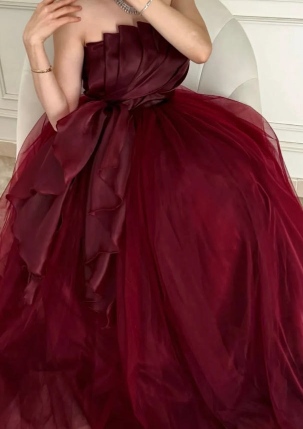 Elegant Burgundy A Line Strapless Pleated Organza Tulle Long Prom Dress Evening Dress SH7306