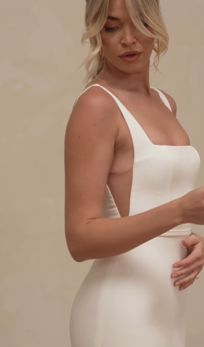 Mermaid Spaghetti Strap White Satin Long Sweep Wedding Dress Prom Dress SH4126