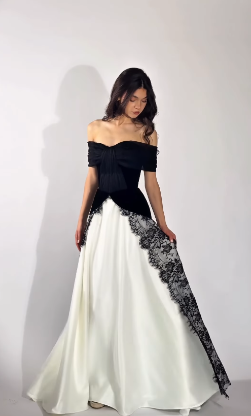 Classic Black-white A Line Straps Velvet Satin Lace Prom Dress Evening Dress SH6757
