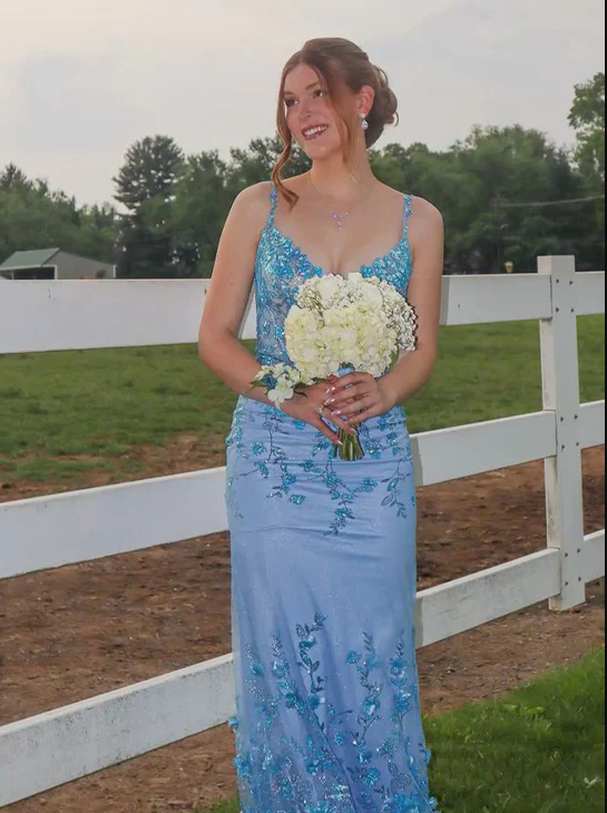 Charming Blue Mermaid Straps Sequin Tulle Prom Dress Evening Dress SH7205