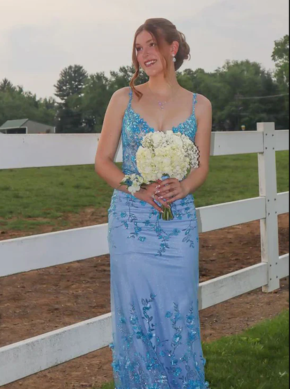 Charming Blue Mermaid Straps Sequin Tulle Prom Dress Evening Dress SH7205