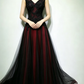 Black and Tulle V-neckline Beaded Lace Long Party Dress, A-line Prom Dress Evening Dresss KS7009