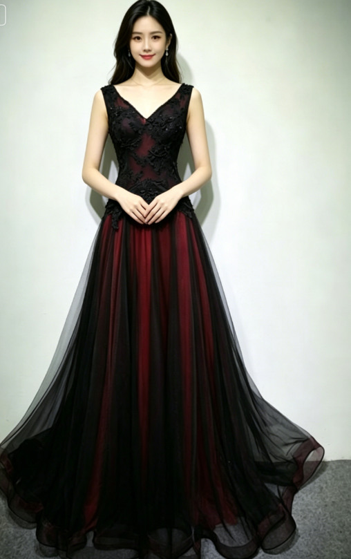 Black and Tulle V-neckline Beaded Lace Long Party Dress, A-line Prom Dress Evening Dresss KS7009