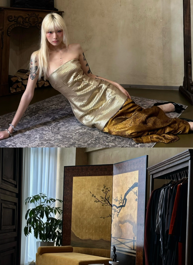 Sexy Golden Mermaid Strapless Sequin Satin Long Prom Dress Outfits with Slit SH4928