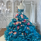 Vintage Blue Ball Gown Strapless 3D Floral Layered Tulle Prom Dress Sweet 16 Dress SH5783
