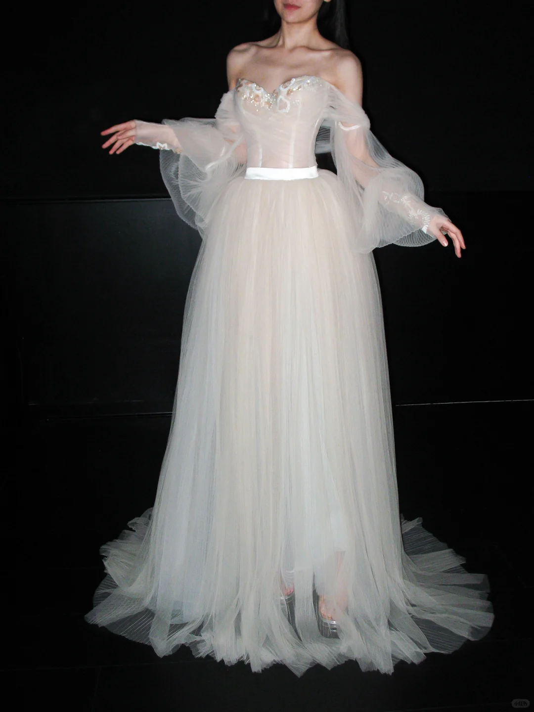 Dreamy A Line Long Sleeve Beaded Tulle Long Prom Dress Wedding Dress SH6611
