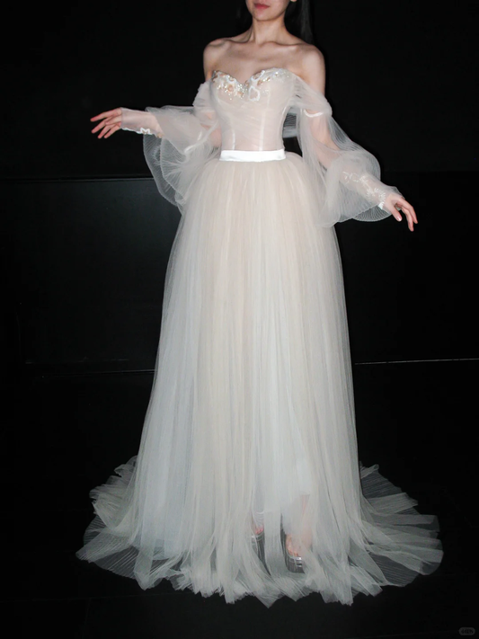 Dreamy A Line Long Sleeve Beaded Tulle Long Prom Dress Wedding Dress SH6611