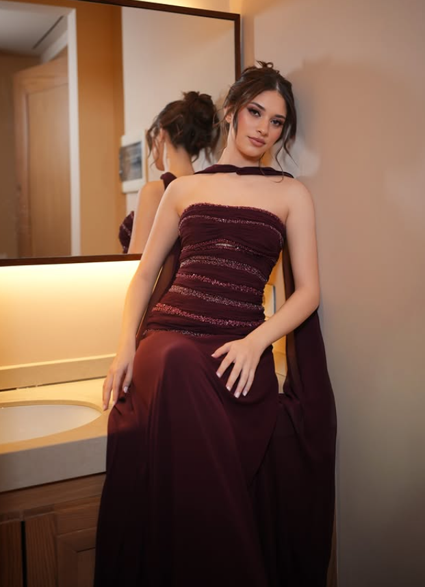 Dark Burgundy A Line Strapless Beaded Chiffon Prom Dress Evening Dress SH6525