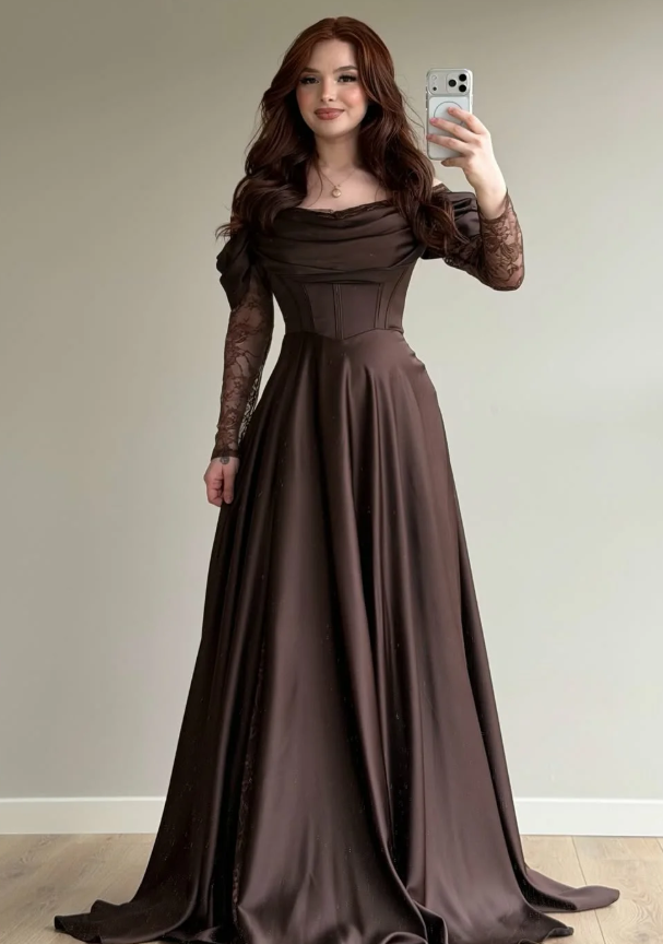 Elegant Brown A Line Long Sleeve Lace Satin Prom Dress Wedding Guest Dress SH5394