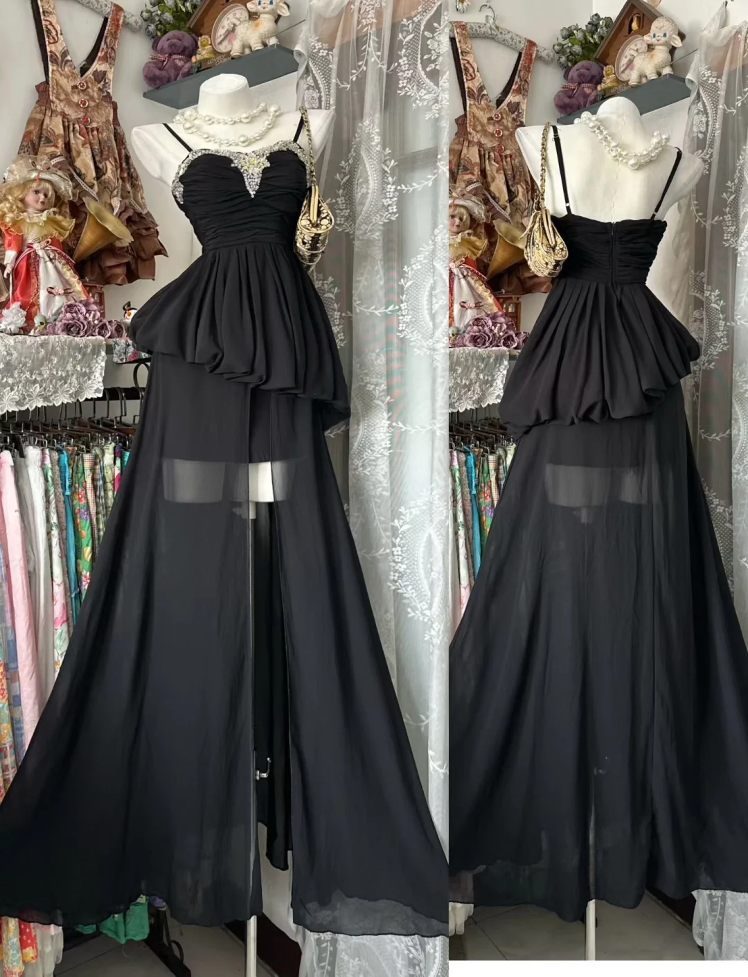 Vintage Sexy Black Chiffon Prom Dress Evening Party Dress with Slit SH5678