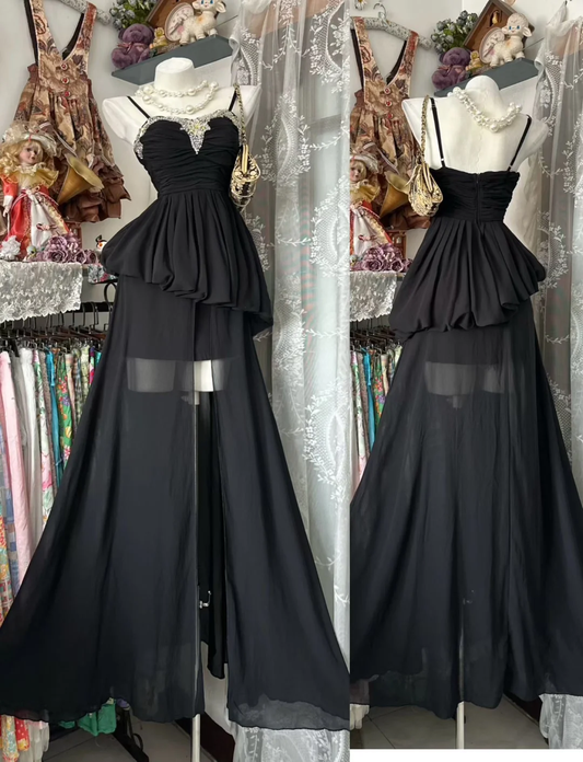 Vintage Sexy Black Chiffon Prom Dress Evening Party Dress with Slit SH5678