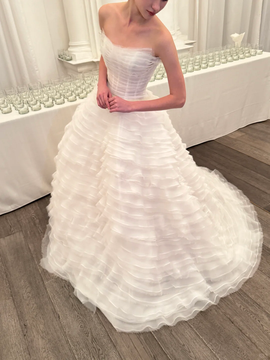 Pretty A Line Strapless Layered Chiffon Long Prom Dress Wedding Dress SH4272