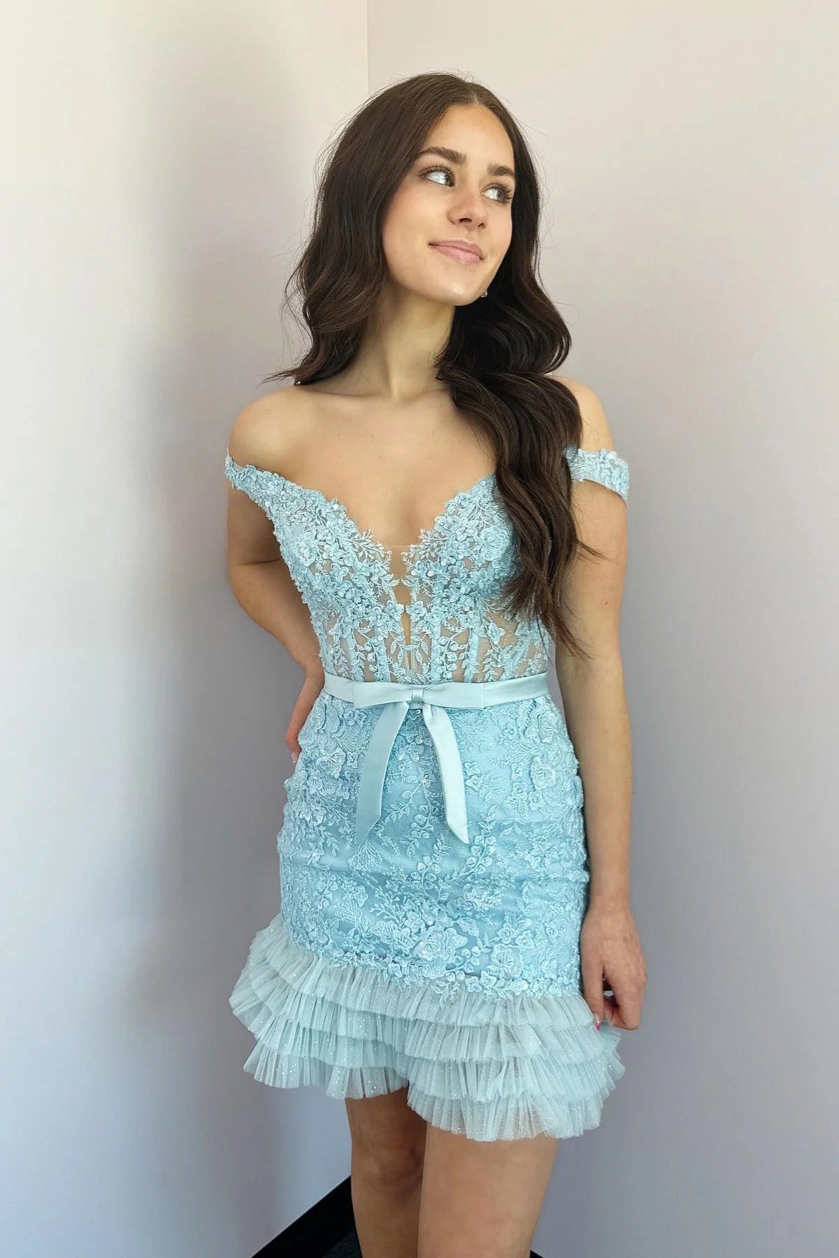 Lilac Sheath Off the Shoulder Lace Short Homecoming Dress Outfits SH6246