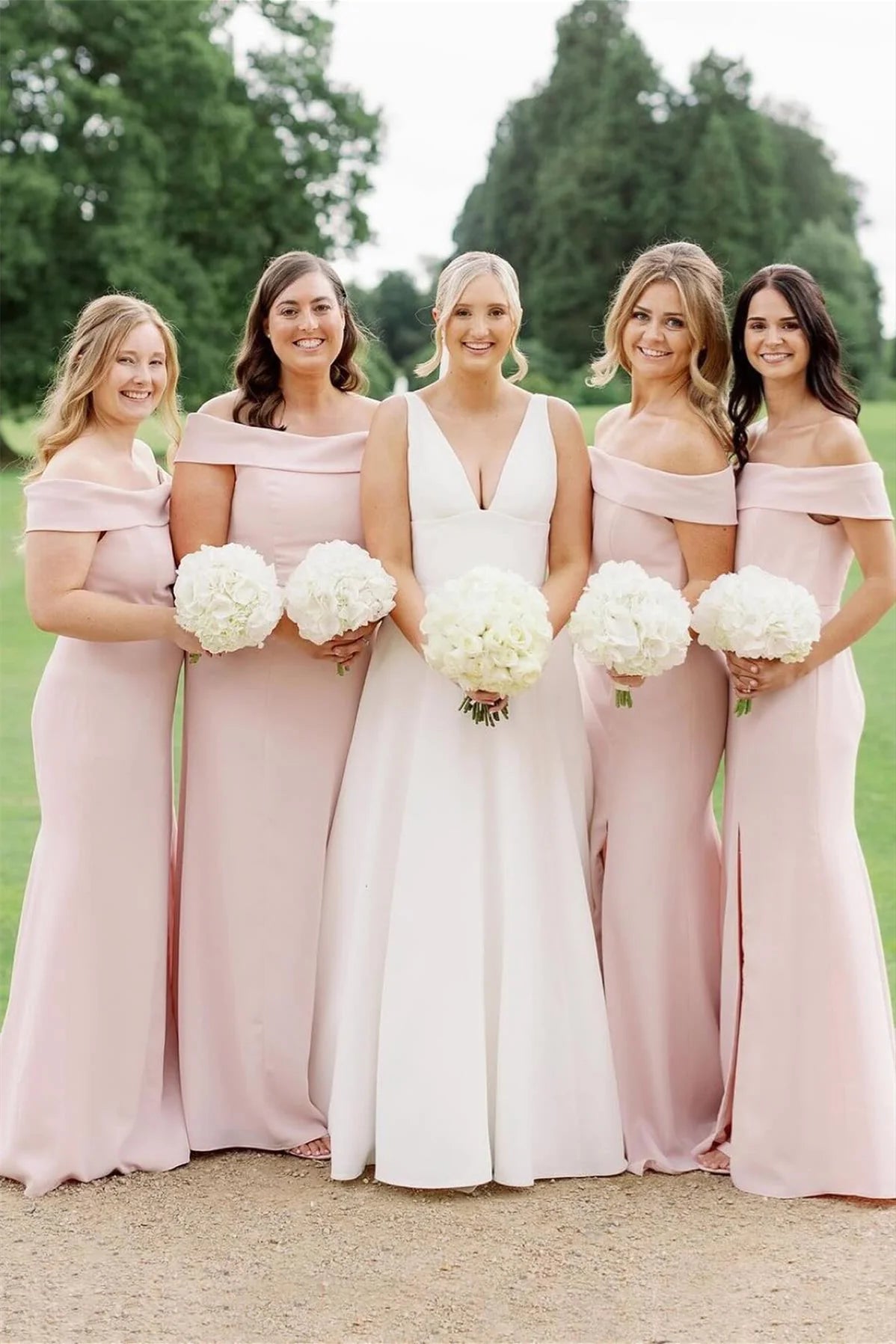 Elegant Mermaid Off the Shoulder Light Pink Satin Bridesmaid Dress SH6297
