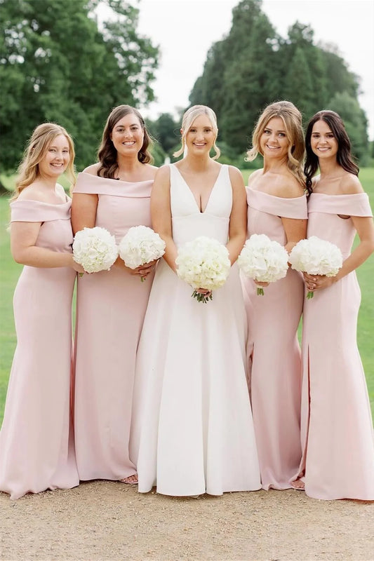 Elegant Mermaid Off the Shoulder Light Pink Satin Bridesmaid Dress SH6572