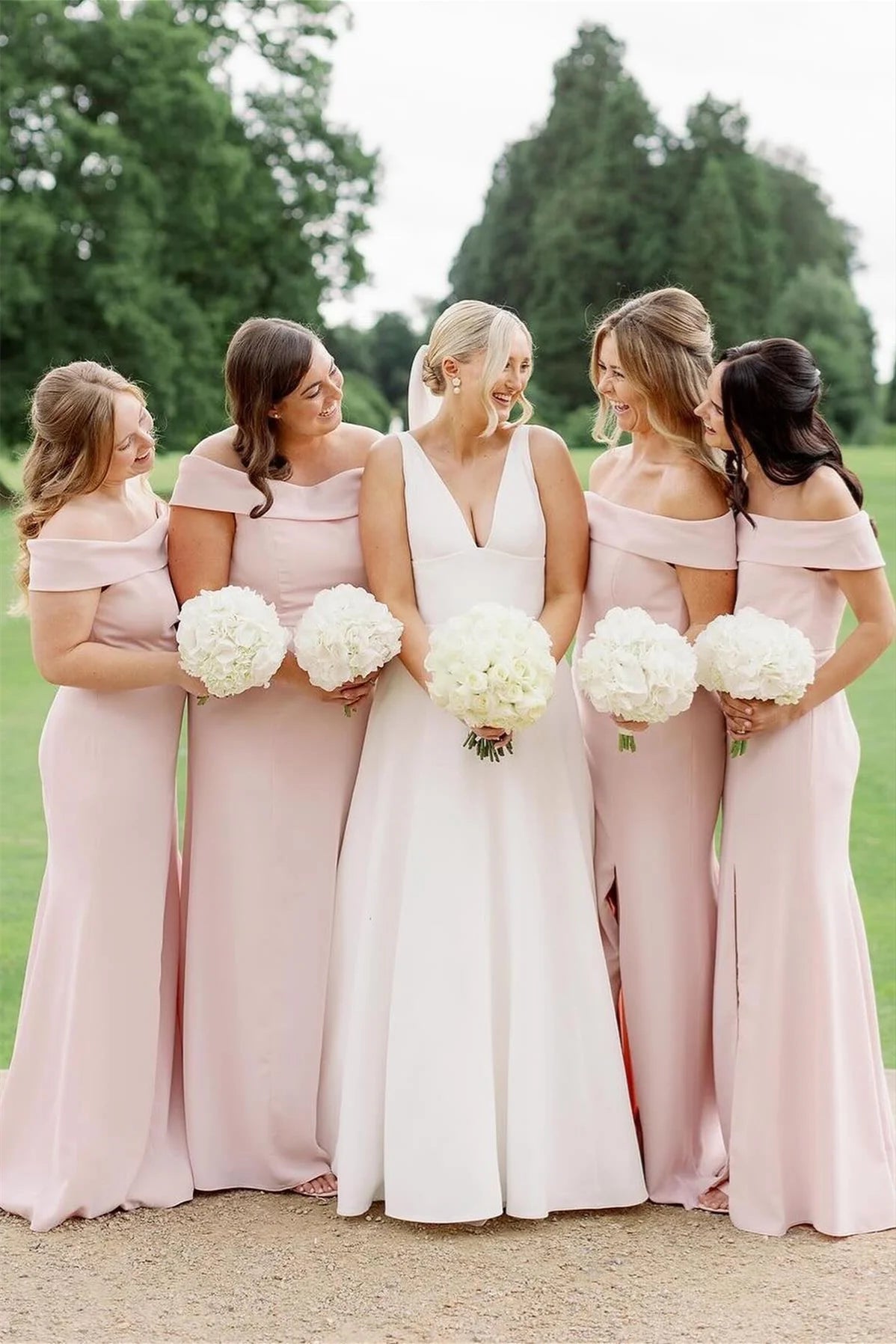 Elegant Mermaid Off the Shoulder Light Pink Satin Bridesmaid Dress SH6297