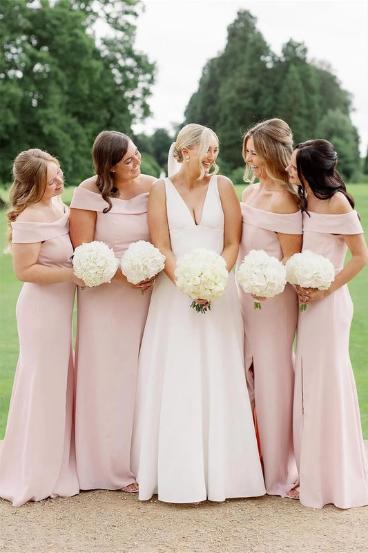 Elegant Mermaid Off the Shoulder Light Pink Satin Bridesmaid Dress SH6297