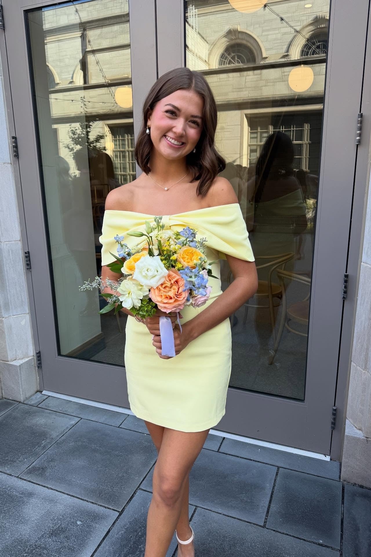 Simple Yellow Sheath Off the Shoulder Satin Short Homecoming Dress Outfits SH6250