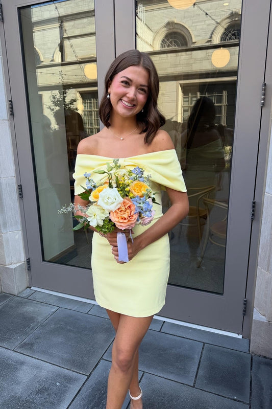 Simple Yellow Sheath Off the Shoulder Satin Short Homecoming Dress Outfits SH6250