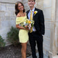 Simple Yellow Sheath Off the Shoulder Satin Short Homecoming Dress Outfits SH6250