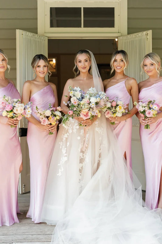 One Shoulder Pink Cut-out Bridesmaid Dress with Slit SH6559