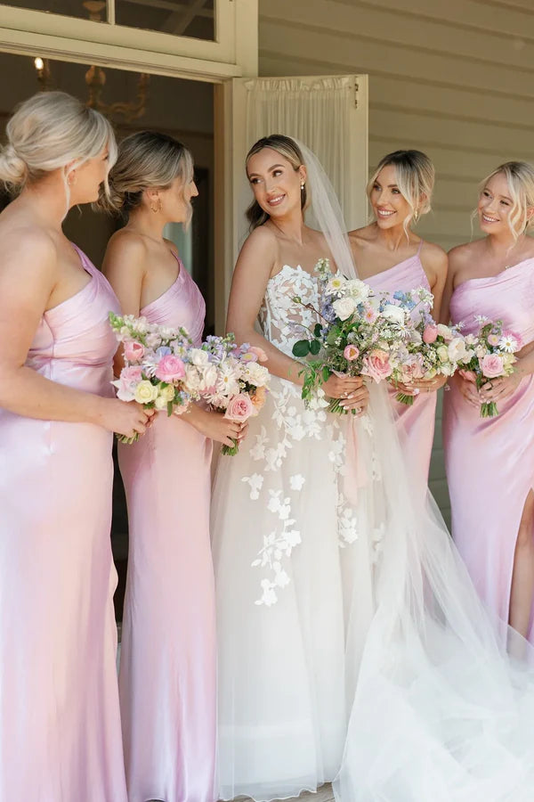 One Shoulder Pink Cut-out Bridesmaid Dress with Slit SH6559