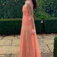 Orange A-Line Strapless Appliques Chiffon Pleated Long Prom Dress SH8199