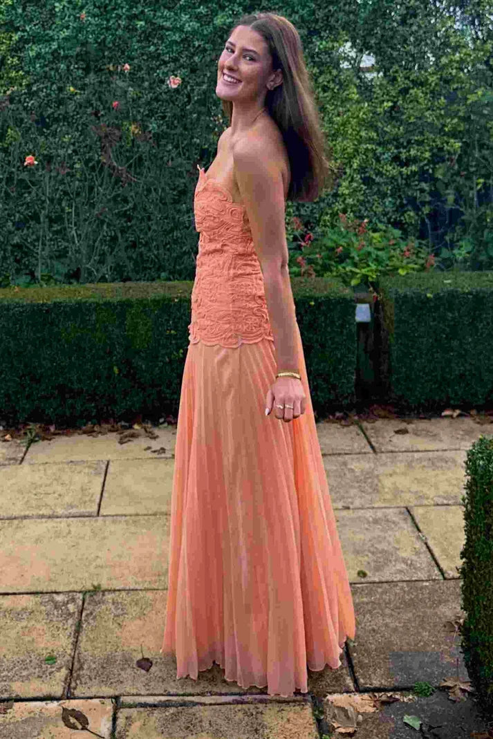 Orange A-Line Strapless Appliques Chiffon Pleated Long Prom Dress SH8199