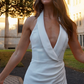 Simple Sheath V Neck White Satin Long Prom Dress Wedding Dress with Slit SH4707